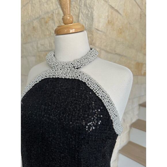 Self Portrait Black Boucle Pearl Trim Mini Dress US 6 - Picture 9 of 16